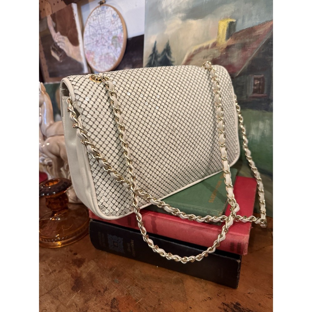 Vintage Whiting & Davis White Metal Mesh Purse Gold Chain Shoulder Bag 10.5" - Picture 6 of 15